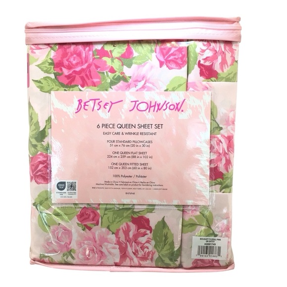 6pc Betsy Johnson Bouquet Pink Floral Rose Print Shabby Chic Queen Sheet Set - Picture 4 of 5